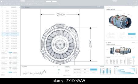 Modell der Lichtschnittstelle für professionelle CAD-Computersoftware mit Blaudruck und 3D-Modell der elektrisch betriebenen Green Energy Jet Engine. Skizze Der Turbine Mit Messungen. 3D-Rendering Stockfoto