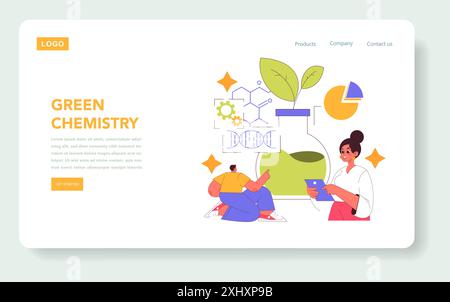 Green Chemistry Concept. Umweltfreundliche Innovation in der Wissenschaft mit Forschern, die nachhaltige Prozesse analysieren. Umweltbewusste Entwicklung. Vektorabbildung. Stock Vektor