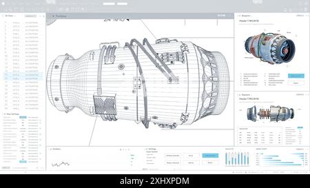Modell der Lichtschnittstelle für professionelle CAD-Computersoftware mit Blaudruck und 3D-Modell der elektrisch betriebenen Green Energy Jet Engine. Skizze Der Turbine Mit Messungen. 3D-Rendering Stockfoto