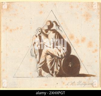 Eine Zeichnung von Nicolai Abildgaard (1743–1809), die die Göttin Athene mit einem jungen Mann darstellt. Das Kunstwerk konzentriert sich auf die klassische Mythologie, menschliche Figuren und die Interaktion zwischen Charakteren. Stockfoto