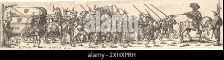 Der Kupferstich von Jan Theodor de Bry zeigt einen Soldatenzug mit einem Offizier zu Pferd. Der zwischen 1561 und 1623 entstandene Druck veranschaulicht Militärfiguren, Pferde und detaillierte Kompositionen innerhalb der niederländischen und deutschen Renaissance-Druckkunst. Stockfoto