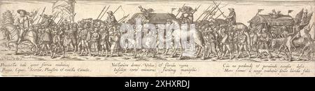 Ein Kupferstich von Jan Theodor de Bry (1561–1623) und Hans Sebald Beham (1500–1550), der einen Soldatenzug mit Gepäckwagen und Tod zu Pferd zeigt, Figuren, Pferd und Beförderung. Stockfoto