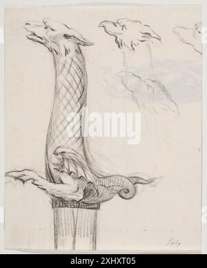 Zeichnung von Jacques Francois Joseph Saly, die ein Schwert-Heft in Form eines Drachen und drei Drachenköpfe zeigt, mit dekorativem Waffendesign. Stockfoto