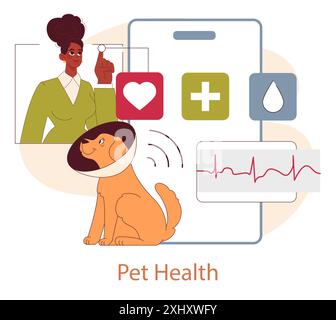 Haustierfreundliches Raumkonzept. Ein Tierarzt mit einem Smartphone, das Symbole für die Tiergesundheit neben einem Content Hund zeigt. Digitale Veterinärdienste für das Wohlergehen der Tiere. Vektorabbildung. Stock Vektor