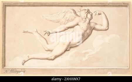 Zeichnung von Nicolai Abildgaard, die einen geflügelten jungen Mann im Flug darstellt, der morgens oder tagsüber steht. Das Kunstwerk spiegelt Abildgaards neoklassischen Stil und die symbolische Verwendung mythologischer Figuren wider. Stockfoto