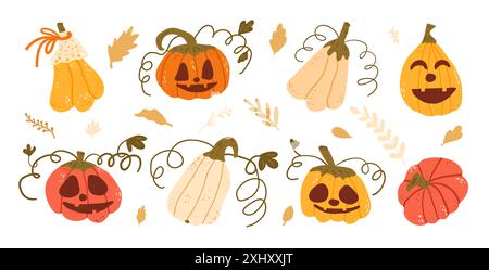 Set aus halloween Kürbissen in verschiedenen Formen und Farben. Strukturierte herbstliche Feiertage reife vegetarische Laternen. Vektor Hand gezeichnete Clipart-Illustration isoliert Stock Vektor