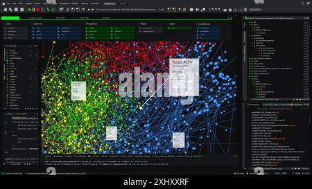 Visualisierung der neuronalen Netzwerk-Software-Schnittstelle auf schwarzem Hintergrund, die an einem Computer arbeitet. Verschiedene Verbindungscluster laden, Daten austauschen. Modell für Computerdisplays. 3D-Rendering Stockfoto