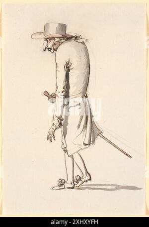 Zeichnung von Nicolai Abildgaard, die eine Karikatur eines nach links gehenden gebeugten Mannes zeigt, der einen Stock in der rechten Hand hält und eine übertriebene Haltung und Bewegung betont. Stockfoto