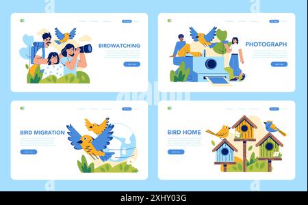 Vogelbeobachtungsset. Familie, die Vögel beobachten, Fotograf fängt die Natur, Vögel wandern und Vogelhäuser auf einem Baum. Vektorabbildung. Stock Vektor
