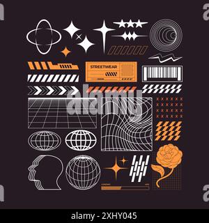 Set-Element Streetwear-Ikone World Earth Planet Star mit leuchtendem Pfeil und dekorativem Blumendesign Stock Vektor
