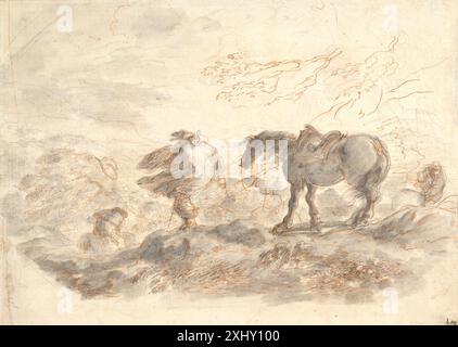 Zeichnung von Stefano della Bella, in der Reiter durch einen Sturm reiten. Das Werk zeigt dramatische Bewegung, dynamische Komposition und Aufmerksamkeit für natürliche Elemente der italienischen Kunst des 17. Jahrhunderts. Stockfoto