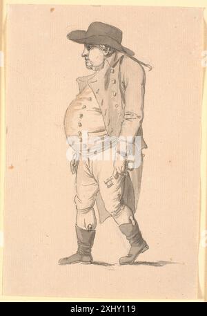 Zeichnung von Nicolai Abildgaard, die eine Karikatur eines starken Mannes darstellt, der links geht und einen großen Schlüssel in der linken Hand hält, im satirischen Stil dargestellt. Stockfoto