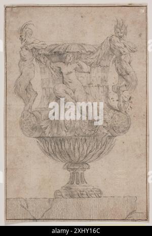 Zeichnung von Jacques Francois Joseph Saly mit einer dekorativen Vase mit Pan, einem Faun und einer Nymphe nach einer Suite von 1746, die klassische mythologische Ornamente illustriert. Stockfoto