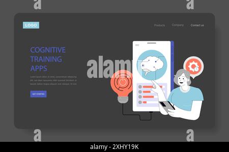 Neuroplastizitätskonzept. Eine Illustration, die eine Person zeigt, die eine kognitive Trainings-App mit Hirnbildern verwendet, um die mentale Verbesserung hervorzuheben. Vektorabbildung. Stock Vektor