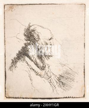 Ein Gravur von Rembrandt, der einen Glatzen alten Mann mit kurzem Bart im rechten Profil zeigt, der Gesichtszüge und Profilkonturen betont. Stockfoto