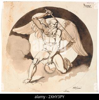 Eine Zeichnung von Nicolai Abildgaard, die eine geflügelte männliche Figur zeigt, die in der einen Hand eine Sense und in der anderen einen geschlossenen Ring hält und Zeit oder Tod symbolisiert. Stockfoto