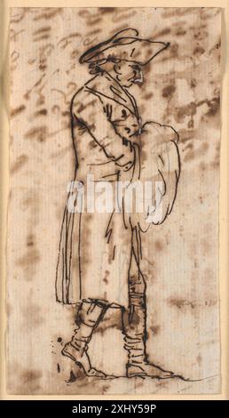 Zeichnung von Nicolai Abildgaard, die eine Karikatur eines Mannes darstellt, der mit den Händen in einem Ärmel geht, im Profil rechts dargestellt. Stockfoto