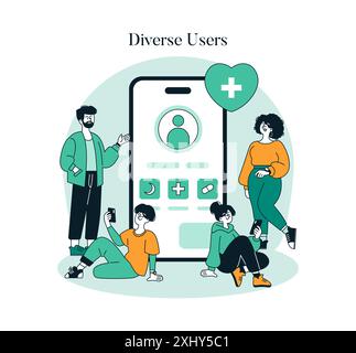 Wellness-Monitoring-Konzept. Schnittstelle der App für digitale Gesundheit, die verschiedene Menschen anspricht. Verfolgen von Fitness, Aktivität und Ernährung für verschiedene Benutzer. Vektorabbildung. Stock Vektor
