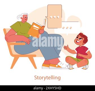 Großeltern-Tageskonzept. Eine ältere Frau liest ihrem aufmerksamen Enkel vor und erzählt Geschichten. Generationenübergreifende Bindung durch Storytelling. Vektorabbildung. Stock Vektor