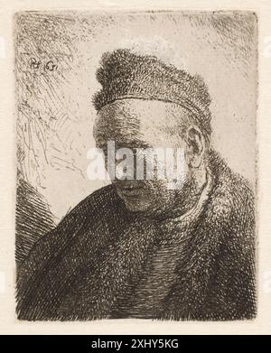 Büste eines bartlosen Mannes (Rembrandts Vater?) In einem Pelzmantel und Kappe: Nach unten schauen: Drei Viertel hinterließen Rembrandt van Rijn 1606–1669, Vliet, Jan Gillisz. Van 1600 - 1668 Gravur, Druck der neue Hollstein Niederländisch und flämisch Radierungen, Stiche und Holzschnitte 1450-1700, Rembrandt (7 Bände: Text, Platten, Kopien), Erik Hinterding, 102 I, C 55013:1-7, 2013. Hollsteins niederländische und flämische Radierungen, Stiche und Holzschnitte 1450-1700 (Band XVIII - XIX), Rembrandt van Rijn, Christopher White, 307 II, C 38945, 1969. Hollsteins niederländische und flämische Radierungen, Stiche und Holzschnitte 1450-1700 (Band XI), Leyst Stockfoto