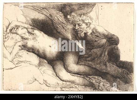 Diese Ätzung von Rembrandt van Rijn zeigt Jupiter mit Antiope und betont Figuren, Gesten, Komposition und niederländische barocke Ätztechniken. Stockfoto