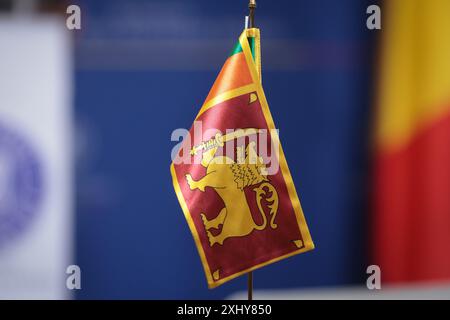 Sri-lankische Flagge auf einem goldenen Pfosten auf einem Holztisch während einer diplomatischen Veranstaltung Stockfoto