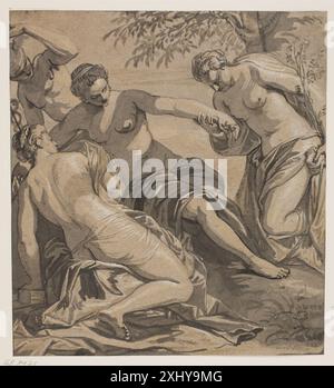 Diese Zeichnung von Tintoretto zeigt die drei Gnaden mit Quecksilber, mythologische Figuren in klassischen Posen und verweist auf das Gemälde im Anticollegio, Palazzo Ducale, Venedig. Stockfoto