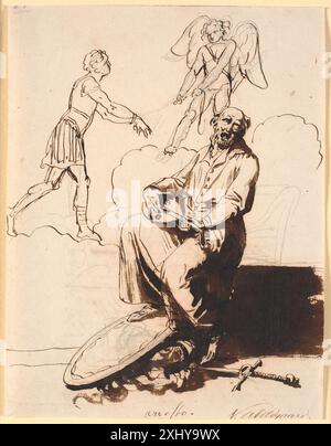 Eine Zeichnung von Nicolai Abildgaard, in der Ariosto mit einer Laute und Waffen zu seinen Füßen sitzt, während Amor einen Mann im Hintergrund zerrt, entstand zwischen 1743 und 1809. Stockfoto