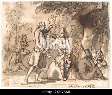 Zeichnung von Nicolai Abildgaard, in der Mirabeau dargestellt wird, indem Friedrich II. Von Preußen ein Dokument präsentiert, das die Rechte des Menschen umreißt und Figuren, Gesten und historischen Kontext betont. Stockfoto