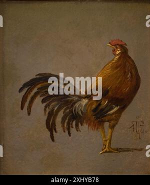 Ein Gemälde von Johan Thomas Lundbye, das einen Hahn zeigt, der detaillierte Federn, Haltung und naturalistische Färbung zeigt. Stockfoto