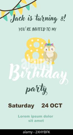 Magische Einladungskarte für Kinder mit Feentier. Fantasy World Elements Design. Vorlage für magische Geburtstagsparty mit Einhorn oder niedlichem Tier mit h Stock Vektor