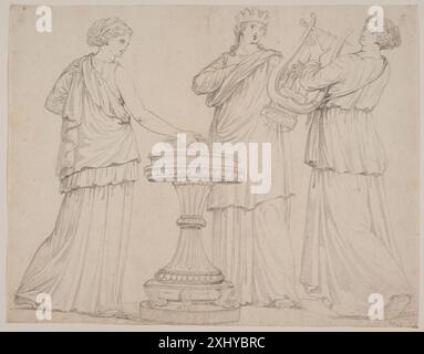 Eine Zeichnung von Jacques Francois Joseph Saly zeigt drei Frauen in griechischer Kleidung, die an einem Altar stehen. Die linke Frau hält ein Brett, die mittlere Frau trägt eine Krone und die rechte eine Leier. Stockfoto
