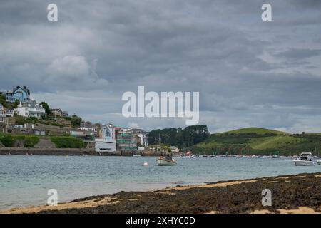 Die Stadt Salcombe wird an einem bewölkten Sommertag vom Strand East Portlemouth aus mit Snapes Point im Hintergrund und ruhigem Wasser im Hafen eingenommen Stockfoto