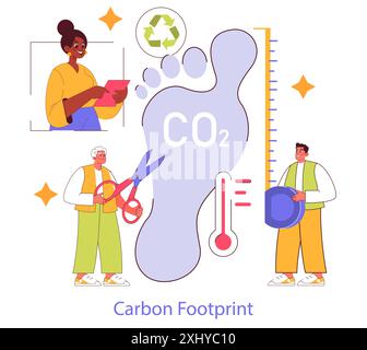 Konzept nachhaltiger Materialien. Einzelpersonen messen und reduzieren den CO2-Fußabdruck durch Recycling und Energieeinsparung. Vektorabbildung. Stock Vektor