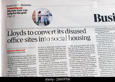 "Lloyds to Conversion its used Office Sites in Social Housing" Guardian Zeitung Schlagzeile Labour Affordable Housebuilding artikel 15 Juli 2024 Vereinigtes Königreich Stockfoto