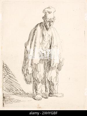 Bettler im Hochmütze, stehend und auf einem Stock gelehnt Rembrandt van Rijn 1606 - 1669 Gravur, Druck der Neuhollstein Niederländisch und flämisch Radierungen, Stiche und Holzschnitte 1450-1700, Rembrandt (7 Bände: Text, Platten, Kopien), Erik Hinterding, 41 II, C 55013:1-7, 2013. Die Illustrierte Bartsch 50, Beilage, Rembrandt Harmensz. Van Rijn, Stephanie S. Dickey, 162, C 36238, 1993. Rembrandts Radierungen: Ein Essay und ein Katalog mit einigen Notizen zu den Zeichnungen, Arthur M. Hind, 15 II, 6545, 1912. L'oeuvre gravé de Rembrandt: Avec un catalog raisonné, Dmitri Rovinski, 162, 6728, 1890. Hollsteins DUT Stockfoto