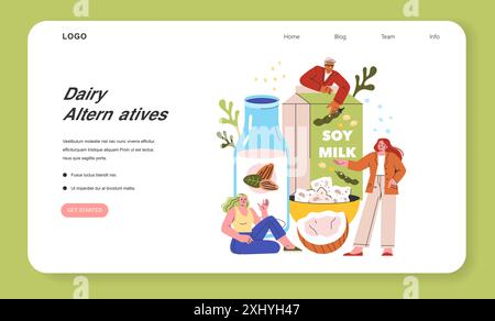 Milchalternativen-Konzept. Website-Landing-Page-Design mit pflanzlicher Milch, zufriedenen Verbrauchern und Sojamilch-Paket. Vektorabbildung. Stock Vektor