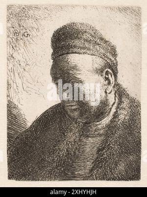 Büste eines bartlosen Mannes (Rembrandts Vater?) In einem Pelzmantel und Kappe: Nach unten schauen: Drei Viertel hinterließen Rembrandt van Rijn 1606–1669, Vliet, Jan Gillisz. Van 1600 - 1668 Gravur, Druck der neue Hollstein niederländische und flämische Radierungen, Stiche und Holzschnitte 1450-1700, Rembrandt (7 Bände: Text, Platten, Kopien), Erik Hinterding, 102 VII?, C 55013:1-7, 2013. Hollsteins niederländische und flämische Radierungen, Stiche und Holzschnitte 1450-1700 (Band XI), Leyster - Matteus, F.W.H. Hollstein, B.307, C 38945, 1955. Hollsteins niederländische und flämische Radierungen, Stiche und Holzschnitte 1450-1700 (Band XVIII - XIX), Rembr Stockfoto