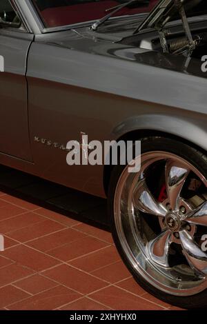 Seitenansicht des Ford Mustang 1966 mit Logo und einem Rad. Stockfoto
