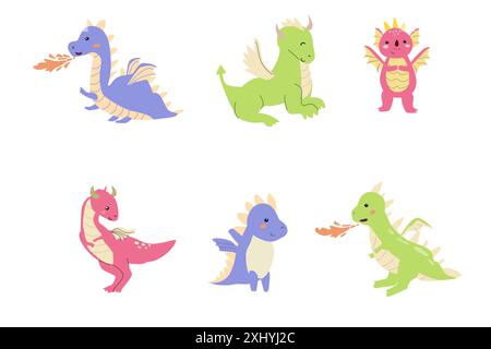 Kinderdrachen Kollektion. Süße Feen-Tiere im kindlichen Stil. Magische Charaktere im skandinavischen Stil. Babydrachen-Bundle. Stock Vektor