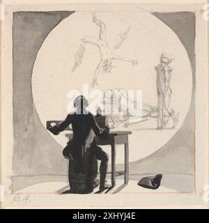 Zeichnung von Nicolai Abildgaard, die einen Mann mit einer Laterna Magica darstellt, projiziert Bilder, die den Niedergang von Handel und Handwerk darstellen, darunter Figuren von Quecksilber und Vulkan. Stockfoto