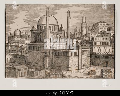 Unbekannte Moschee mit 2 Minaretten, von Nordosten aus gesehen; im Vordergrundbau mit gestapelten Bausteinen Lorck, Melchior 1526 - 1583 Holzschnitt, Print die Monogrammisten und die jenigen bekannten und unbekannten Künstler aller Schulen, welche sich zur Bezeichnung Ihrer Werke eines figürlichen Zeichens, der Initialen des Namens, der Abbreviatur desselben &c. Bedient haben, G. K. Nagler, 6, 2298, 1858-1879. Melchior Lorichs: Ein Beitrag zur deutschen Kunstgeschichte des 16. Jahrhundert, Hans Harbeck, 2., 8050, 1911. Melchior Lorck, Erik Fischer, die türkische Publikation Nr. 7, Stockfoto