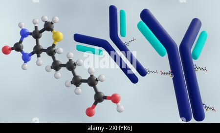 3D-Rendering von biotinylierten Antikörpern, einem speziell entwickelten Protein zur Bindung an bestimmte Moleküle. Stockfoto