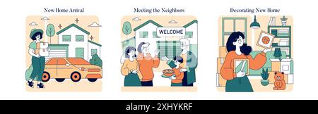 Herausziehen des Sets. Ankunft in einem neuen Haus, Treffen mit den Nachbarn und Inneneinrichtung. Übergang zu einem Neuanfang, Community willkommen, einen Raum zu Ihrem eigenen machen. Vektorabbildung. Stock Vektor