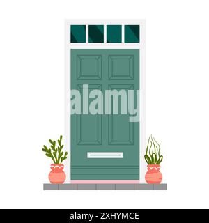 Grüne geschlossene Haustür mit Topfpflanzen vor der Haustür, eleganter Eingang zur Vektorillustration des Hauses Stock Vektor