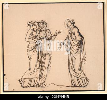 Eine Zeichnung von Nicolai Abildgaard (1743–1809), die eine antike Szene mit einem Mann darstellt, der sich mit zwei Frauen unterhält. Die Komposition erforscht klassische Themen und menschliche Interaktion. Stockfoto