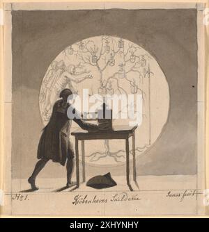 Zeichnung von Nicolai Abildgaard, die einen Mann mit einer Laterna Magica darstellt, um einen nicht mehr existierenden Stammbaum zu zeigen, der die Figur, das Projektionsgerät und das genealogische Diagramm zeigt. Stockfoto