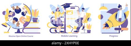 Online-Schulungen. Verschiedene Studenten verbinden sich, eine Frau, die Kurse auf Mobilgeräten anruft, ein Mann, der akademische Erfolge feiert. Bildungsentwicklung und -Leistung. Vektorabbildung. Stock Vektor