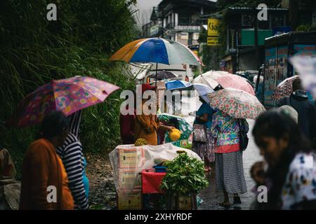 Regnerische Straßenmarktszene mit Leuten, die Regenschirme und Einkaufstaschen auf einer nassen Straße in Ella, Sri Lanka, tragen. Stockfoto