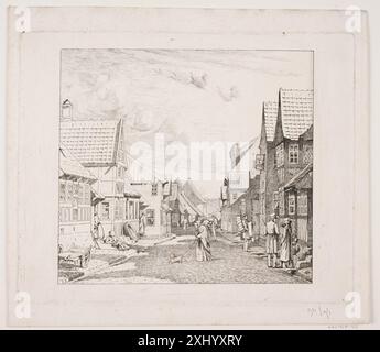 Diese Gravur von Pietro Købke stellt eine Straße in einer dänischen Marktstadt dar und zeigt Gebäude, Straßenaufteilung und menschliche Aktivität in städtischen Umgebungen des 19. Jahrhunderts. Stockfoto